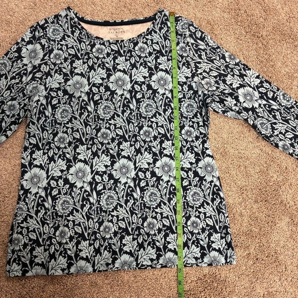 Talbots Petite MP Floral Long Sleeve Tee Navy Blue Aqua Cotton Stretch - Picture 4 of 8